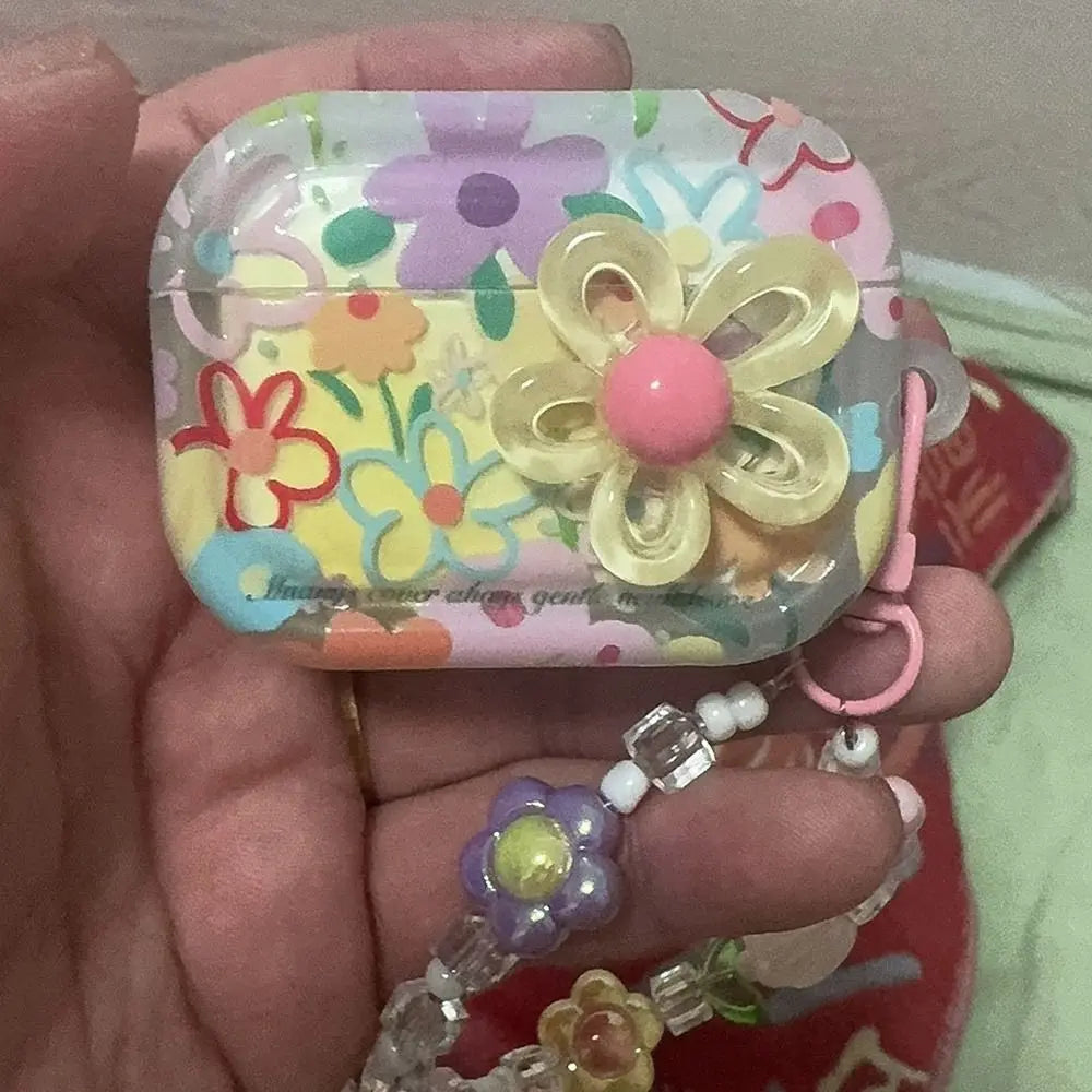 TPU Material Flower Earphone Case Anti-Fall Dustproof Headphone Case Shockproof With Beads Keychain for Airpods Pro2/1/2/3/4
