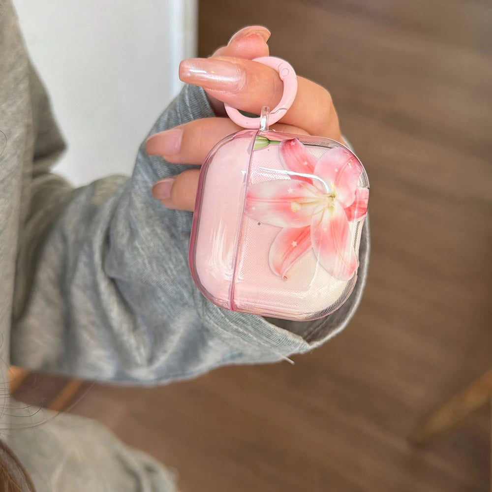 Pink Lily Floral Pattern Lovely Earphone Protective Clear Case Suitable for AirPods 1 2 3 4 Pro Pro2 Pro3 Wireless Anti-fall Box