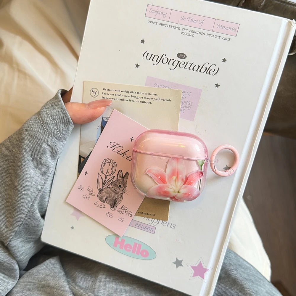 Pink Lily Floral Pattern Lovely Earphone Protective Clear Case Suitable for AirPods 1 2 3 4 Pro Pro2 Pro3 Wireless Anti-fall Box