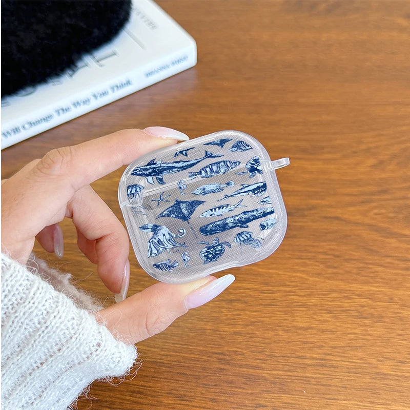 Marine Life Earphone Case for Airpods Pro2/Pro3/Pro Blue Sea Turtle Whale Shark Print Case for AirPods 4/3/2/1 Protective Cover