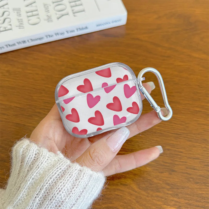 Cartoon Flower Love Heart Earphone Case for AirPods 4 3 2 1 Pro2 Pro Soft TPU Transparent Headset Protective Cover with Hook