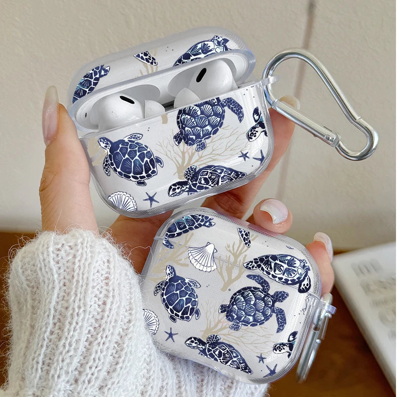 Marine Life Earphone Case for Airpods Pro2/Pro3/Pro Blue Sea Turtle Whale Shark Print Case for AirPods 4/3/2/1 Protective Cover