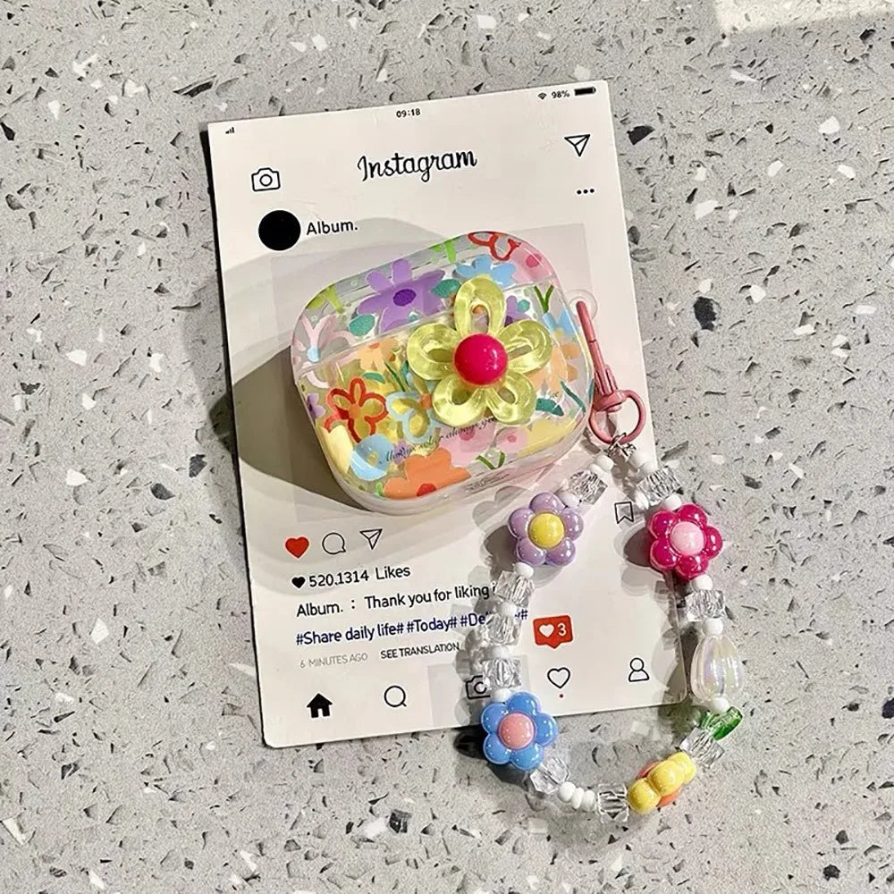 TPU Material Flower Earphone Case Anti-Fall Dustproof Headphone Case Shockproof With Beads Keychain for Airpods Pro2/1/2/3/4