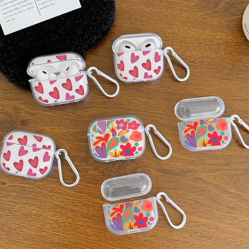 Cartoon Flower Love Heart Earphone Case for AirPods 4 3 2 1 Pro2 Pro Soft TPU Transparent Headset Protective Cover with Hook