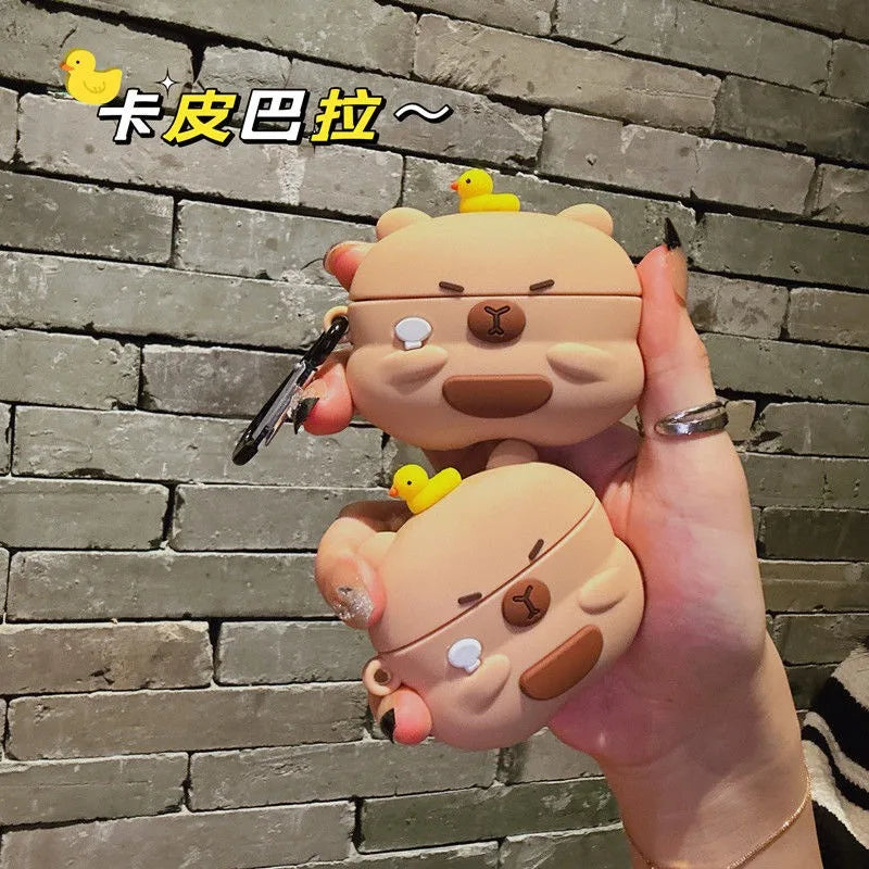 For Airpods 5 2026 Pro 3 2 4 Pro3 Pro2 Earphone Case Cute 3D Cartoon Capybara Soft Silicone Duck Headphone Cover with Carabiner