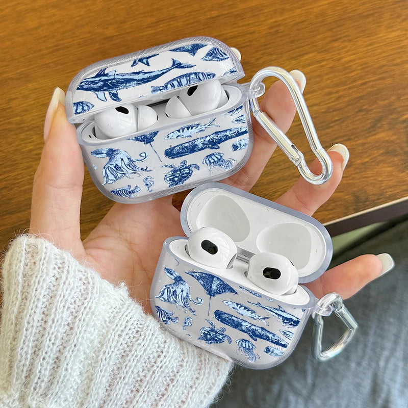 Marine Life Earphone Case for Airpods Pro2/Pro3/Pro Blue Sea Turtle Whale Shark Print Case for AirPods 4/3/2/1 Protective Cover