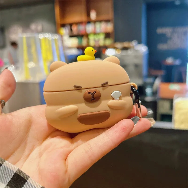 For Airpods 5 2026 Pro 3 2 4 Pro3 Pro2 Earphone Case Cute 3D Cartoon Capybara Soft Silicone Duck Headphone Cover with Carabiner