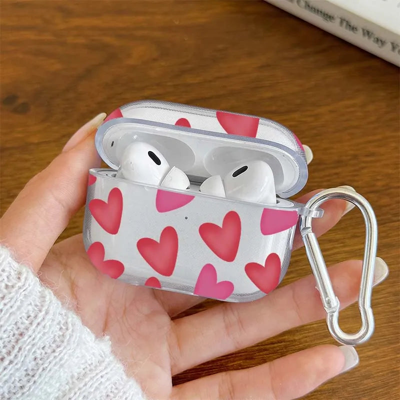 Cartoon Flower Love Heart Earphone Case for AirPods 4 3 2 1 Pro2 Pro Soft TPU Transparent Headset Protective Cover with Hook