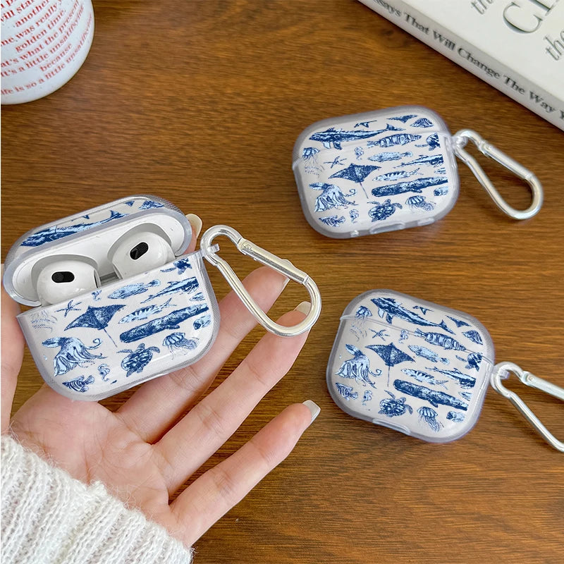 Marine Life Earphone Case for Airpods Pro2/Pro3/Pro Blue Sea Turtle Whale Shark Print Case for AirPods 4/3/2/1 Protective Cover