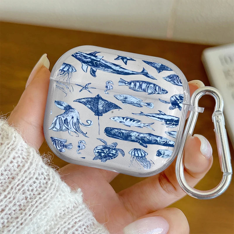 Marine Life Earphone Case for Airpods Pro2/Pro3/Pro Blue Sea Turtle Whale Shark Print Case for AirPods 4/3/2/1 Protective Cover