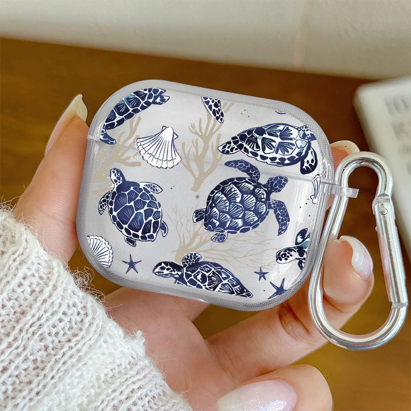 Marine Life Earphone Case for Airpods Pro2/Pro3/Pro Blue Sea Turtle Whale Shark Print Case for AirPods 4/3/2/1 Protective Cover