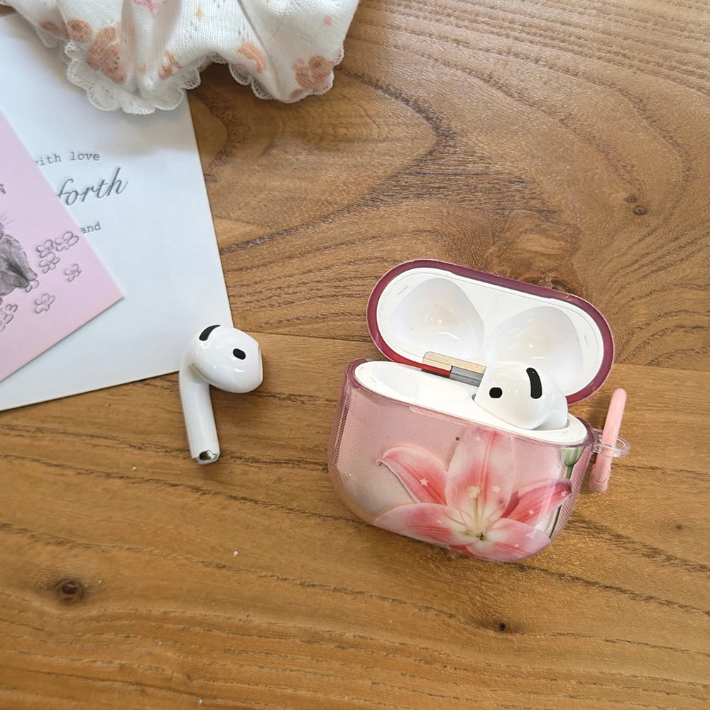 Pink Lily Floral Pattern Lovely Earphone Protective Clear Case Suitable for AirPods 1 2 3 4 Pro Pro2 Pro3 Wireless Anti-fall Box