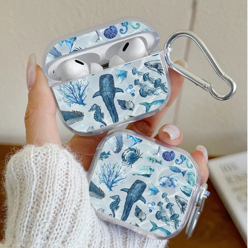 Marine Life Earphone Case for Airpods Pro2/Pro3/Pro Blue Sea Turtle Whale Shark Print Case for AirPods 4/3/2/1 Protective Cover