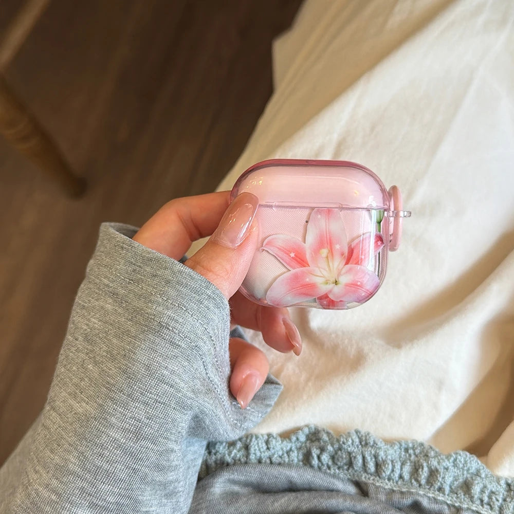 Pink Lily Floral Pattern Lovely Earphone Protective Clear Case Suitable for AirPods 1 2 3 4 Pro Pro2 Pro3 Wireless Anti-fall Box