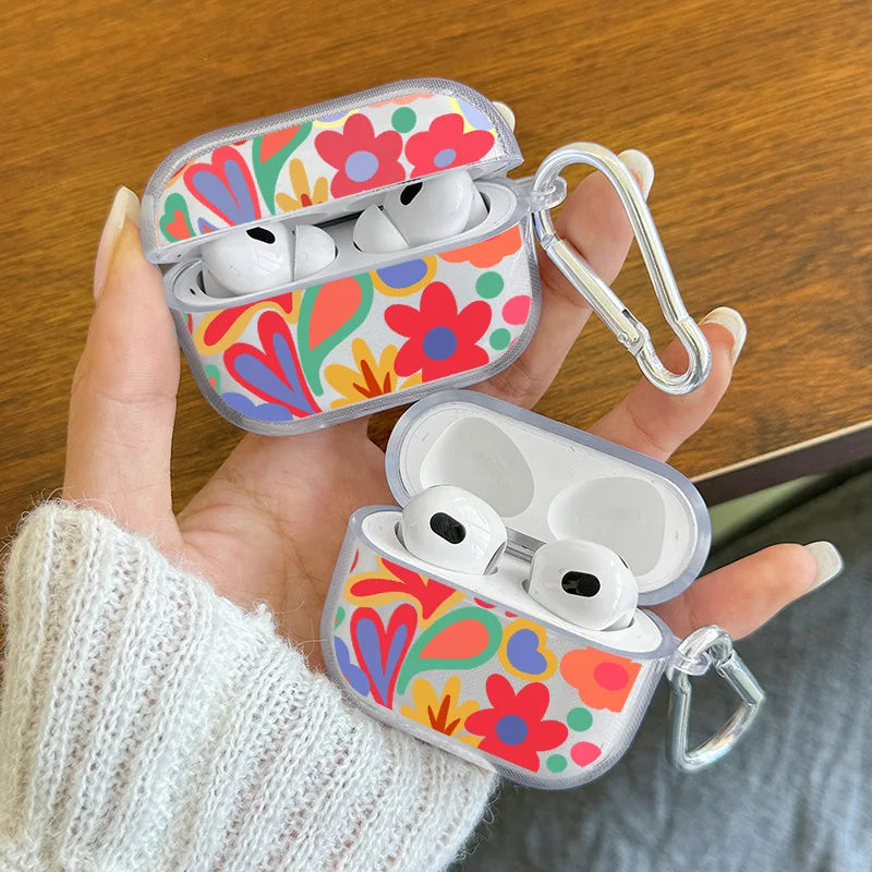 Cartoon Flower Love Heart Earphone Case for AirPods 4 3 2 1 Pro2 Pro Soft TPU Transparent Headset Protective Cover with Hook