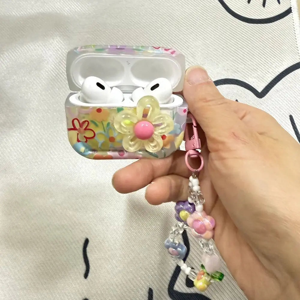 TPU Material Flower Earphone Case Anti-Fall Dustproof Headphone Case Shockproof With Beads Keychain for Airpods Pro2/1/2/3/4