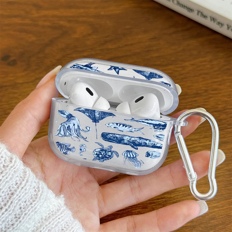 Marine Life Earphone Case for Airpods Pro2/Pro3/Pro Blue Sea Turtle Whale Shark Print Case for AirPods 4/3/2/1 Protective Cover