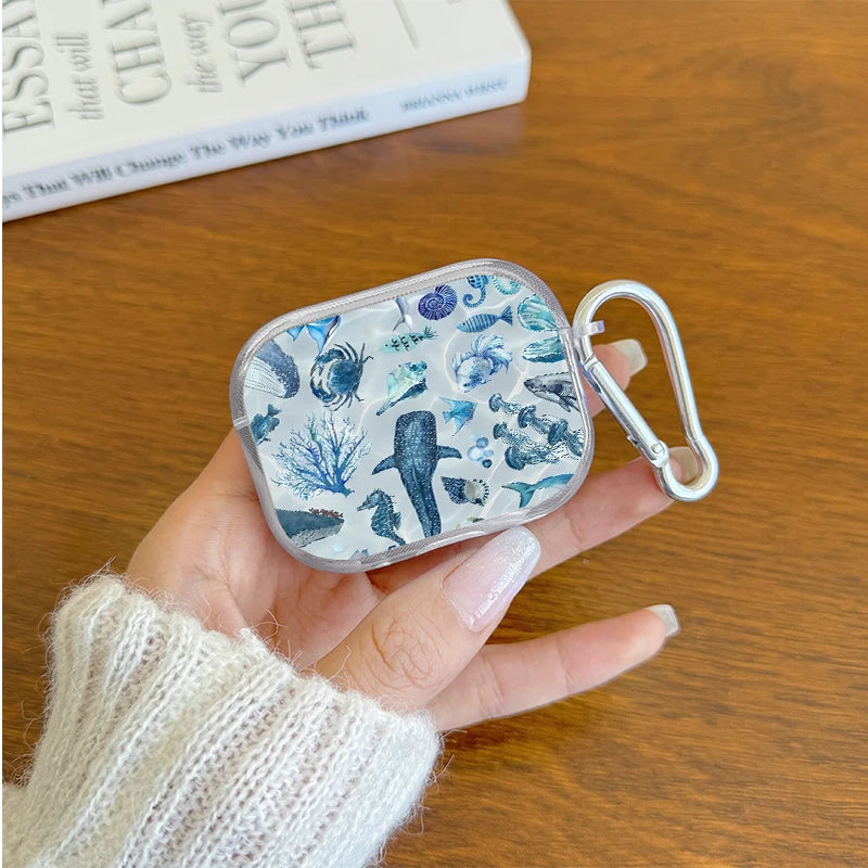 Marine Life Earphone Case for Airpods Pro2/Pro3/Pro Blue Sea Turtle Whale Shark Print Case for AirPods 4/3/2/1 Protective Cover