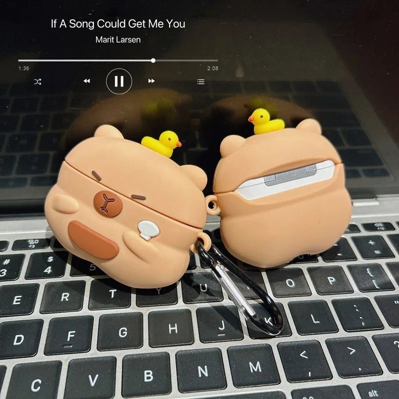 For Airpods 5 2026 Pro 3 2 4 Pro3 Pro2 Earphone Case Cute 3D Cartoon Capybara Soft Silicone Duck Headphone Cover with Carabiner