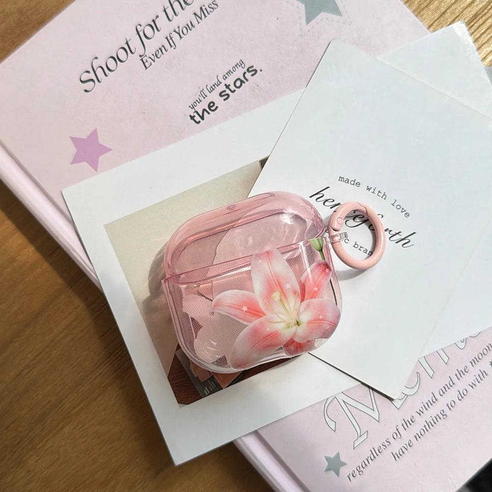 Pink Lily Floral Pattern Lovely Earphone Protective Clear Case Suitable for AirPods 1 2 3 4 Pro Pro2 Pro3 Wireless Anti-fall Box