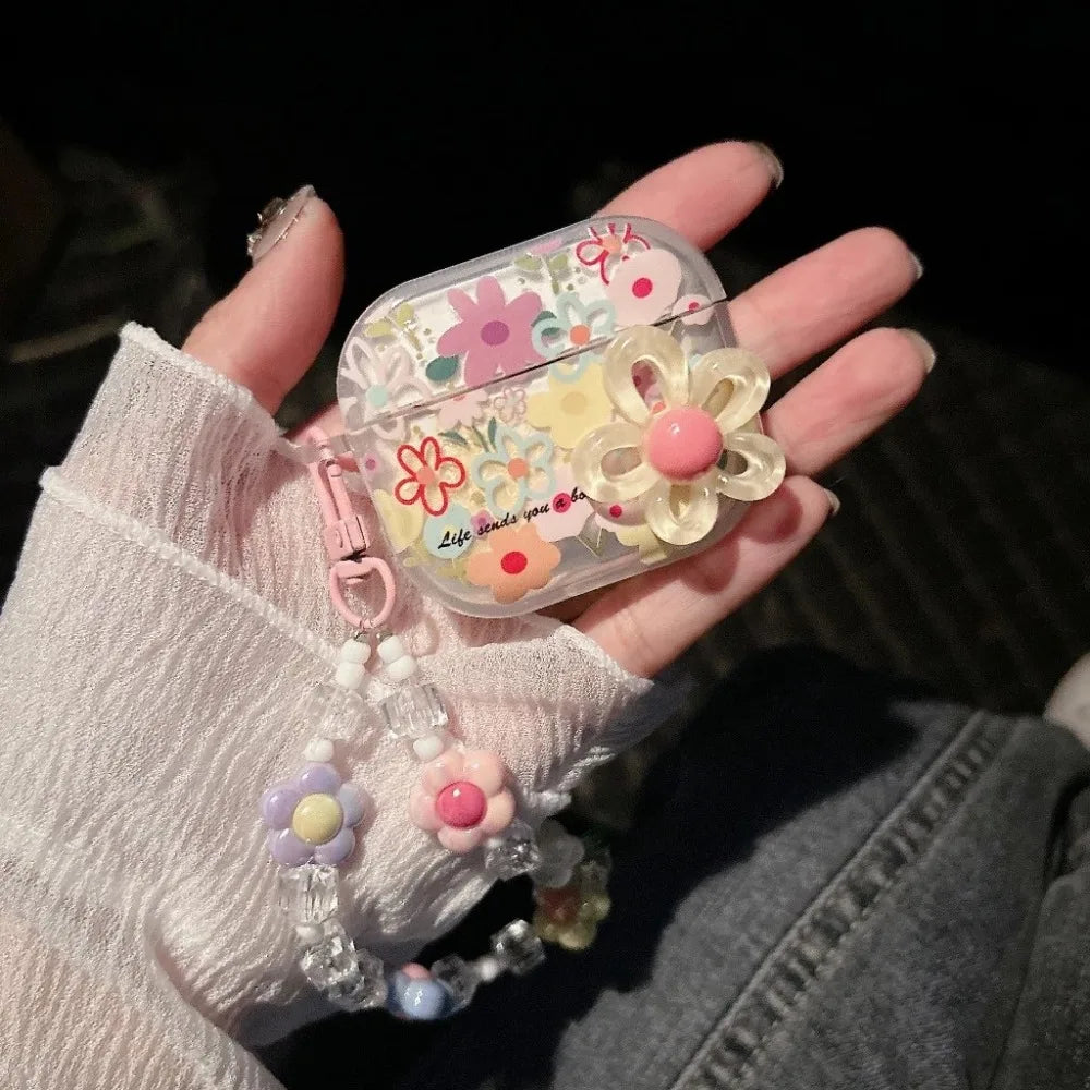 TPU Material Flower Earphone Case Anti-Fall Dustproof Headphone Case Shockproof With Beads Keychain for Airpods Pro2/1/2/3/4
