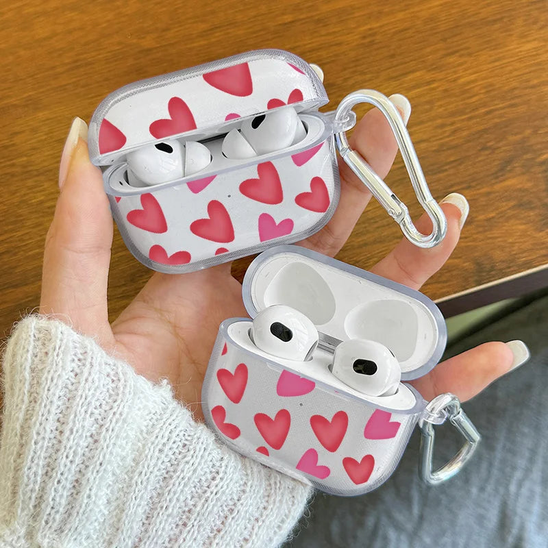 Cartoon Flower Love Heart Earphone Case for AirPods 4 3 2 1 Pro2 Pro Soft TPU Transparent Headset Protective Cover with Hook