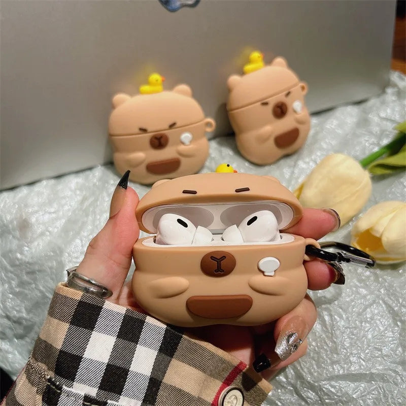 For Airpods 5 2026 Pro 3 2 4 Pro3 Pro2 Earphone Case Cute 3D Cartoon Capybara Soft Silicone Duck Headphone Cover with Carabiner