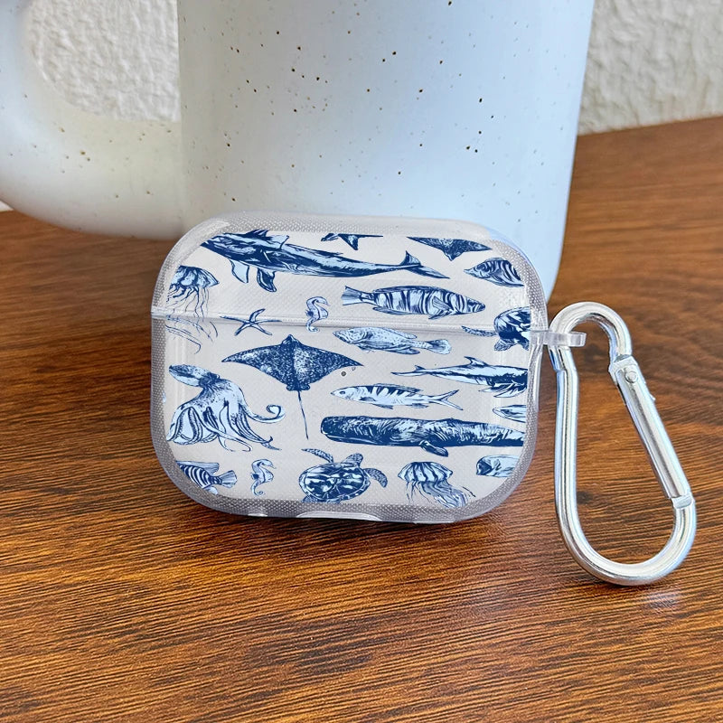 Marine Life Earphone Case for Airpods Pro2/Pro3/Pro Blue Sea Turtle Whale Shark Print Case for AirPods 4/3/2/1 Protective Cover