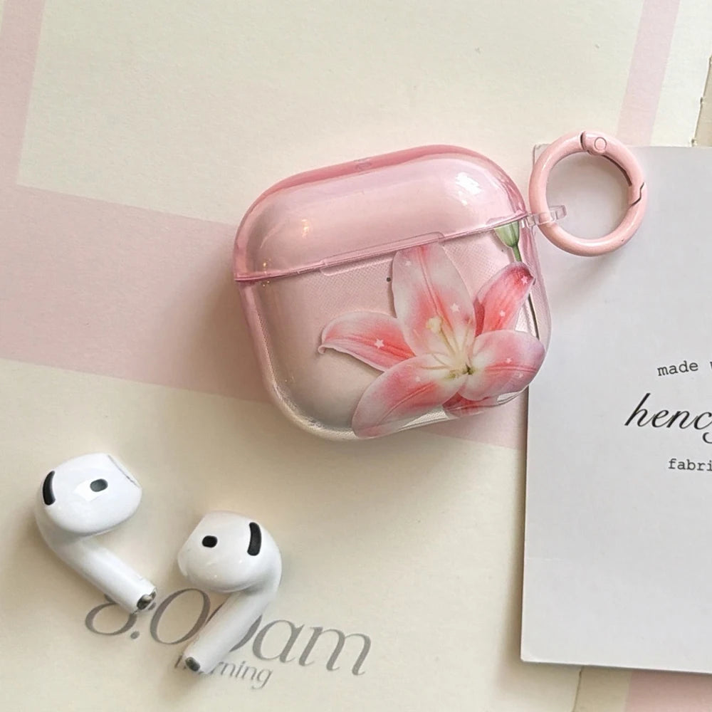 Pink Lily Floral Pattern Lovely Earphone Protective Clear Case Suitable for AirPods 1 2 3 4 Pro Pro2 Pro3 Wireless Anti-fall Box