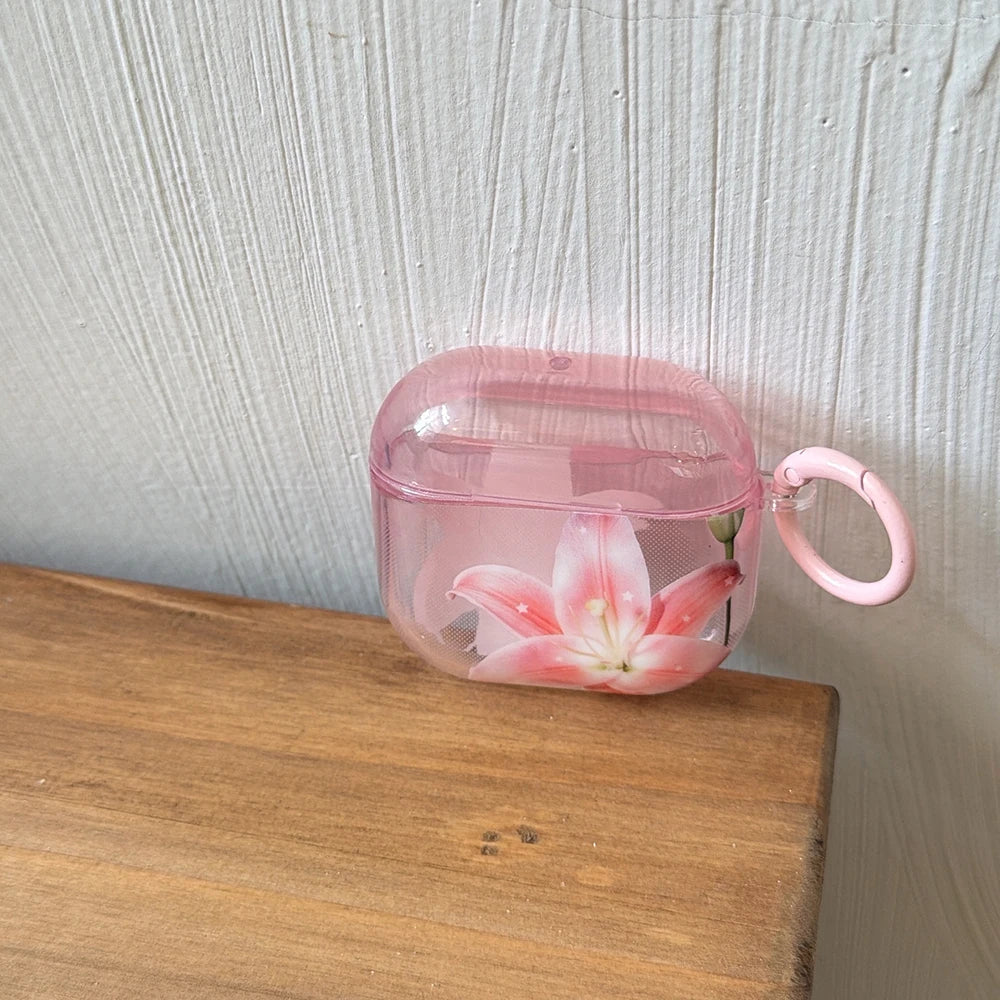 Pink Lily Floral Pattern Lovely Earphone Protective Clear Case Suitable for AirPods 1 2 3 4 Pro Pro2 Pro3 Wireless Anti-fall Box
