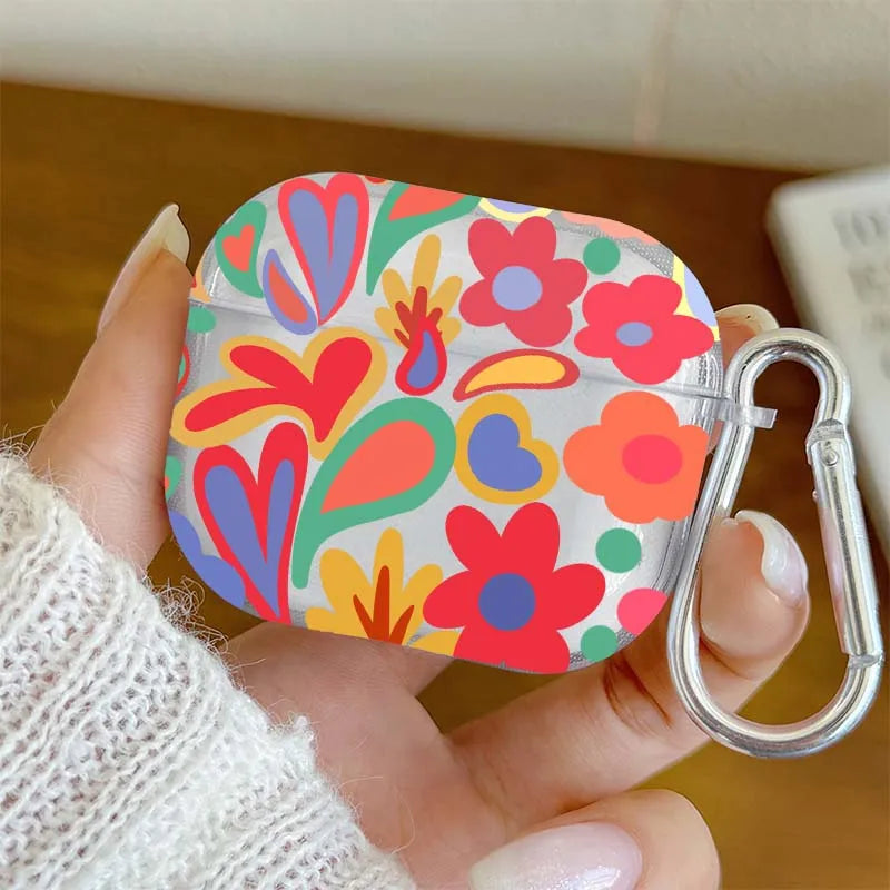 Cartoon Flower Love Heart Earphone Case for AirPods 4 3 2 1 Pro2 Pro Soft TPU Transparent Headset Protective Cover with Hook