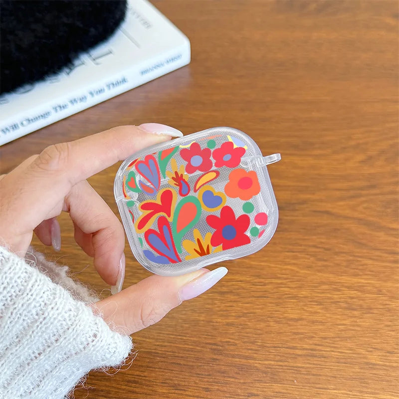 Cartoon Flower Love Heart Earphone Case for AirPods 4 3 2 1 Pro2 Pro Soft TPU Transparent Headset Protective Cover with Hook