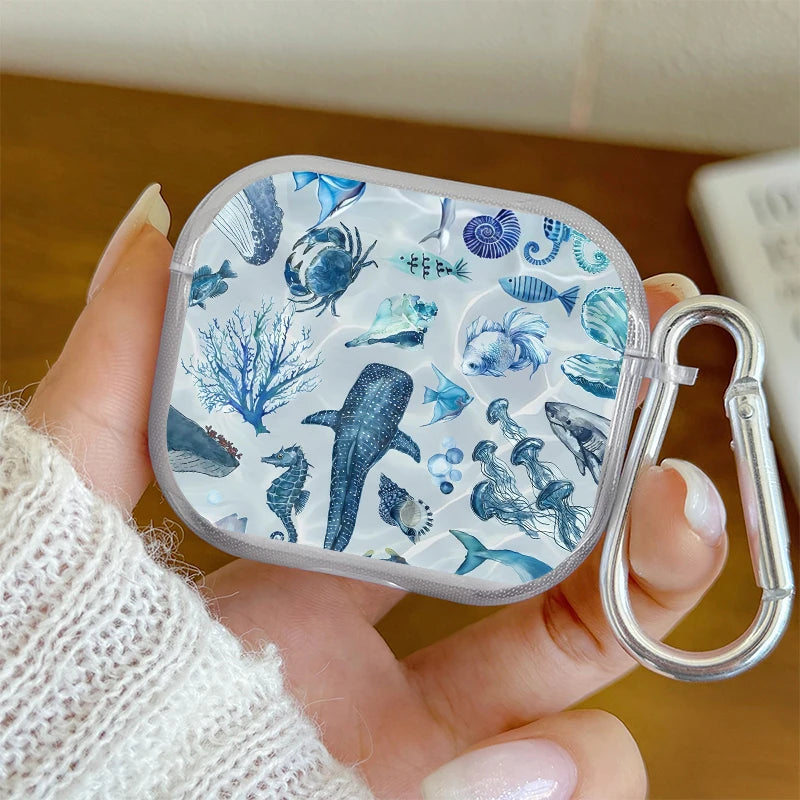 Marine Life Earphone Case for Airpods Pro2/Pro3/Pro Blue Sea Turtle Whale Shark Print Case for AirPods 4/3/2/1 Protective Cover