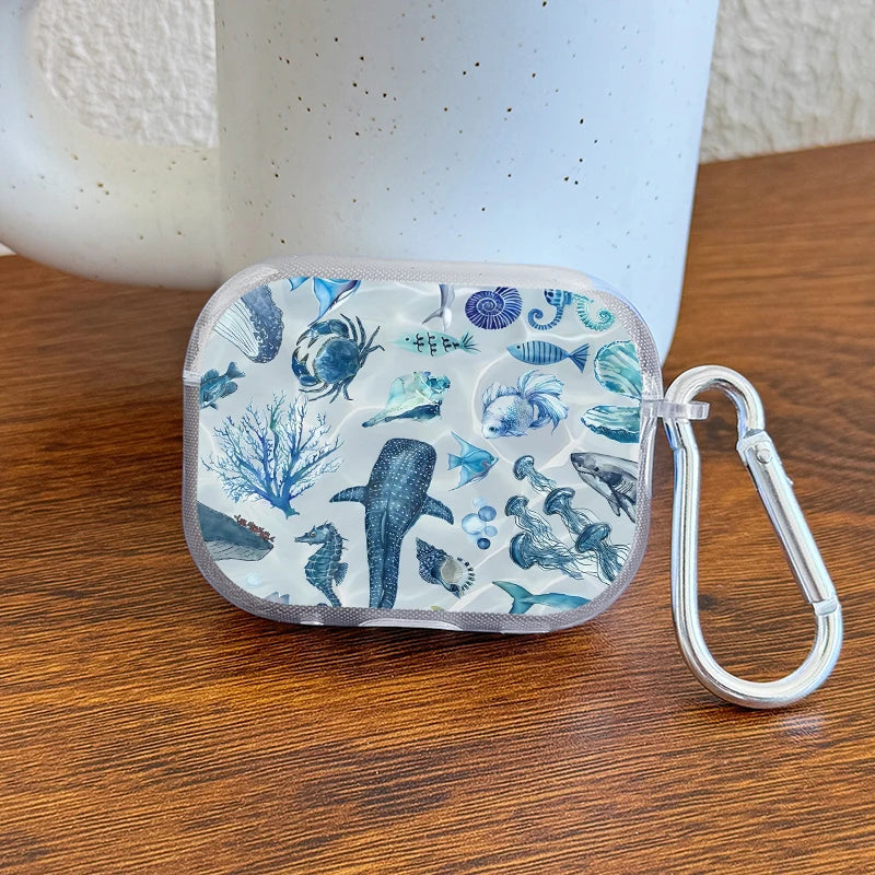 Marine Life Earphone Case for Airpods Pro2/Pro3/Pro Blue Sea Turtle Whale Shark Print Case for AirPods 4/3/2/1 Protective Cover