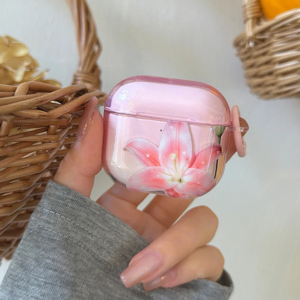 Pink Lily Floral Pattern Lovely Earphone Protective Clear Case Suitable for AirPods 1 2 3 4 Pro Pro2 Pro3 Wireless Anti-fall Box