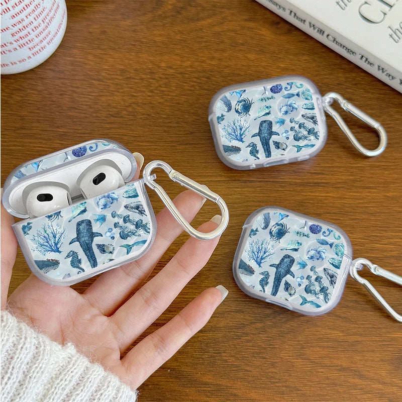 Marine Life Earphone Case for Airpods Pro2/Pro3/Pro Blue Sea Turtle Whale Shark Print Case for AirPods 4/3/2/1 Protective Cover