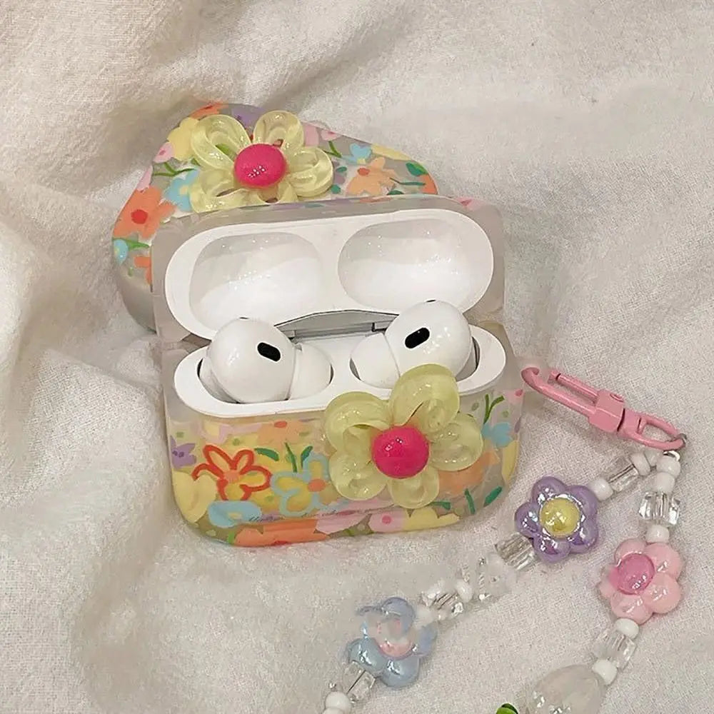TPU Material Flower Earphone Case Anti-Fall Dustproof Headphone Case Shockproof With Beads Keychain for Airpods Pro2/1/2/3/4