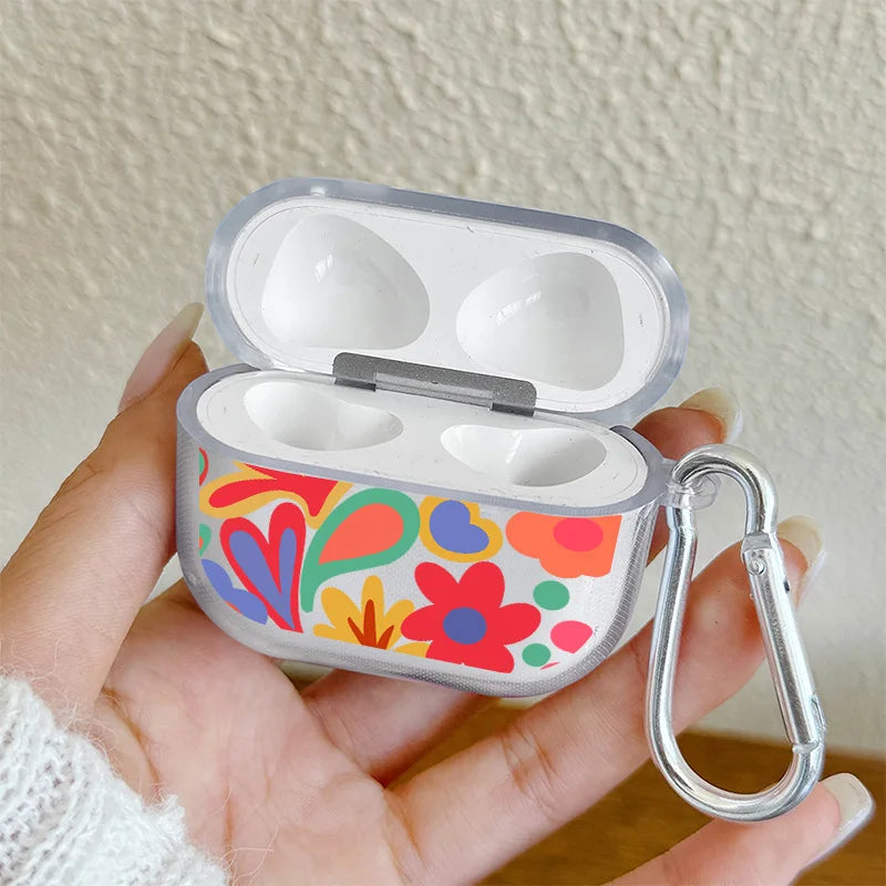 Cartoon Flower Love Heart Earphone Case for AirPods 4 3 2 1 Pro2 Pro Soft TPU Transparent Headset Protective Cover with Hook