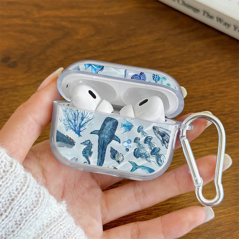 Marine Life Earphone Case for Airpods Pro2/Pro3/Pro Blue Sea Turtle Whale Shark Print Case for AirPods 4/3/2/1 Protective Cover