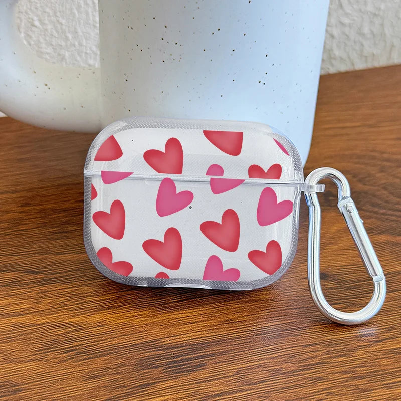 Cartoon Flower Love Heart Earphone Case for AirPods 4 3 2 1 Pro2 Pro Soft TPU Transparent Headset Protective Cover with Hook