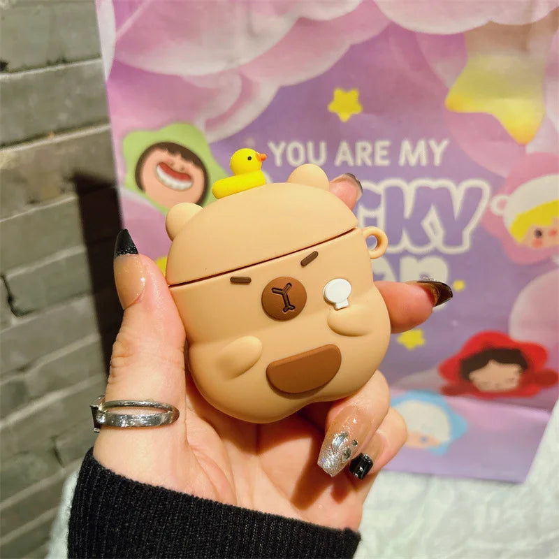 For Airpods 5 2026 Pro 3 2 4 Pro3 Pro2 Earphone Case Cute 3D Cartoon Capybara Soft Silicone Duck Headphone Cover with Carabiner