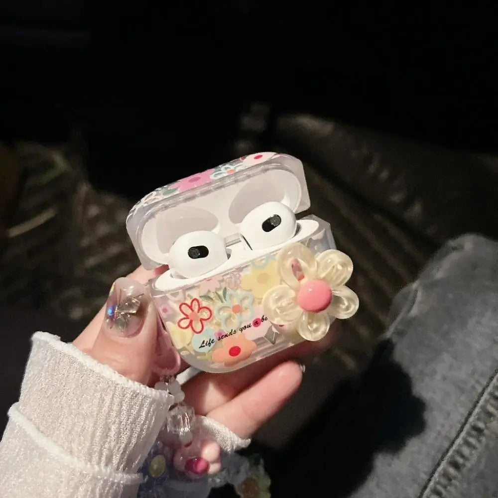 TPU Material Flower Earphone Case Anti-Fall Dustproof Headphone Case Shockproof With Beads Keychain for Airpods Pro2/1/2/3/4