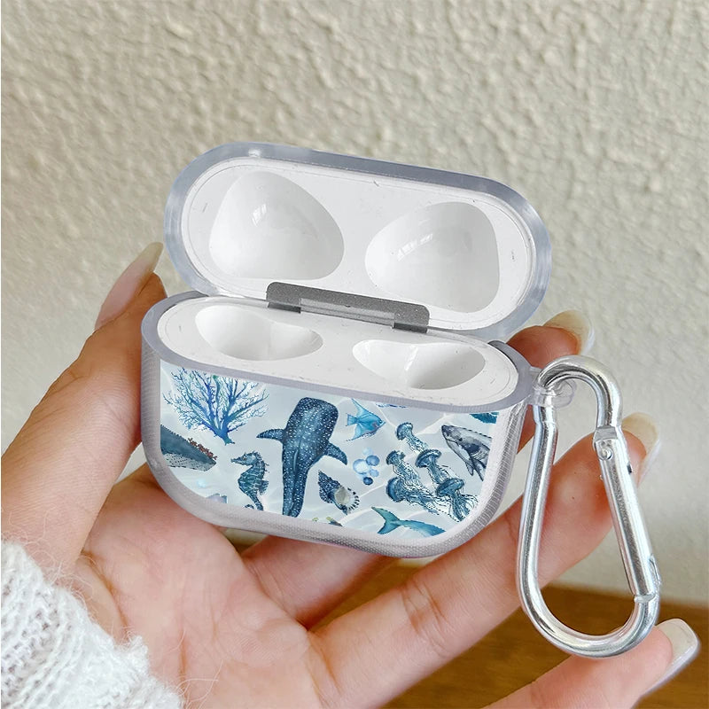 Marine Life Earphone Case for Airpods Pro2/Pro3/Pro Blue Sea Turtle Whale Shark Print Case for AirPods 4/3/2/1 Protective Cover