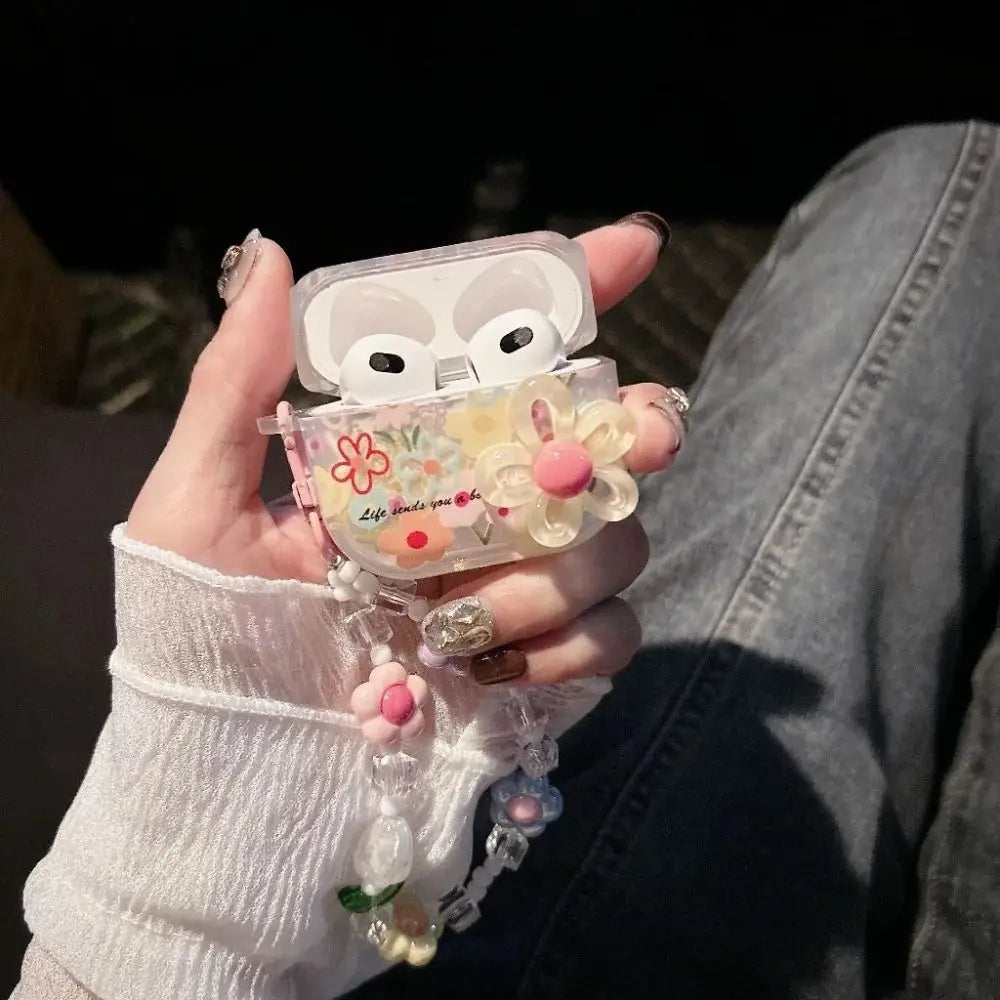 TPU Material Flower Earphone Case Anti-Fall Dustproof Headphone Case Shockproof With Beads Keychain for Airpods Pro2/1/2/3/4