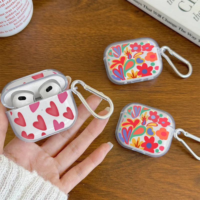 Cartoon Flower Love Heart Earphone Case for AirPods 4 3 2 1 Pro2 Pro Soft TPU Transparent Headset Protective Cover with Hook