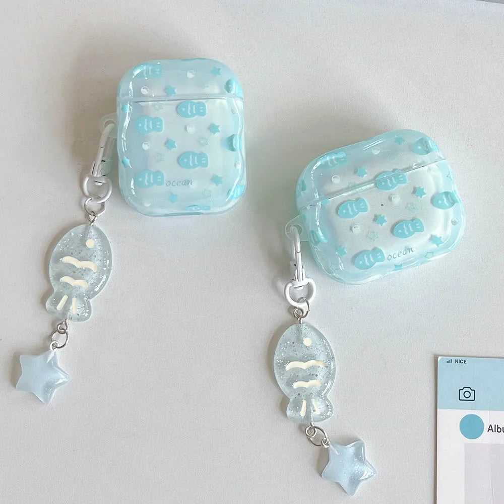 Case For AirPods 4 2 3 Pro 2 EarBuds Blue Fish Star Fresh Earphone funda with Keyring For AirPod 4 Pro2 Headset Bags Accessories