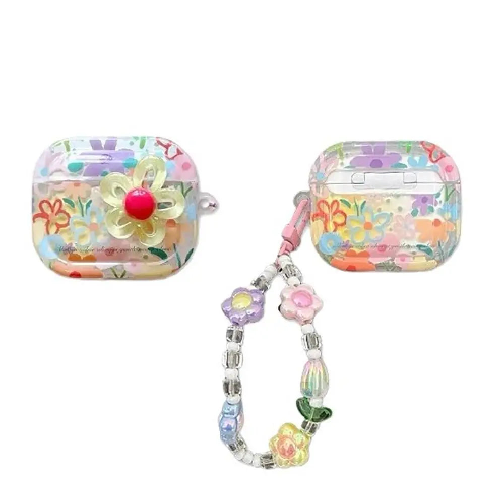 TPU Material Flower Earphone Case Anti-Fall Dustproof Headphone Case Shockproof With Beads Keychain for Airpods Pro2/1/2/3/4