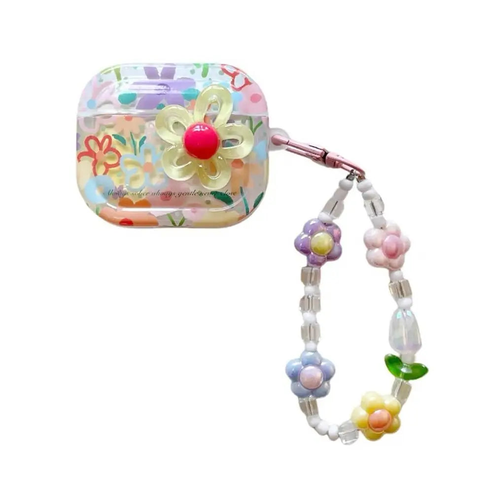 TPU Material Flower Earphone Case Anti-Fall Dustproof Headphone Case Shockproof With Beads Keychain for Airpods Pro2/1/2/3/4