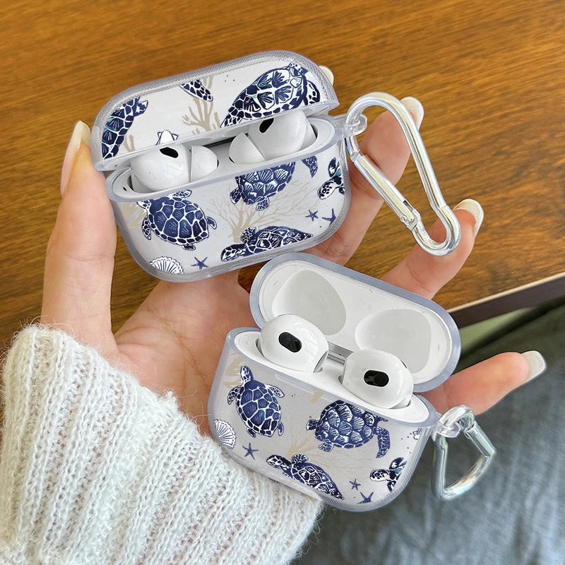 Marine Life Earphone Case for Airpods Pro2/Pro3/Pro Blue Sea Turtle Whale Shark Print Case for AirPods 4/3/2/1 Protective Cover