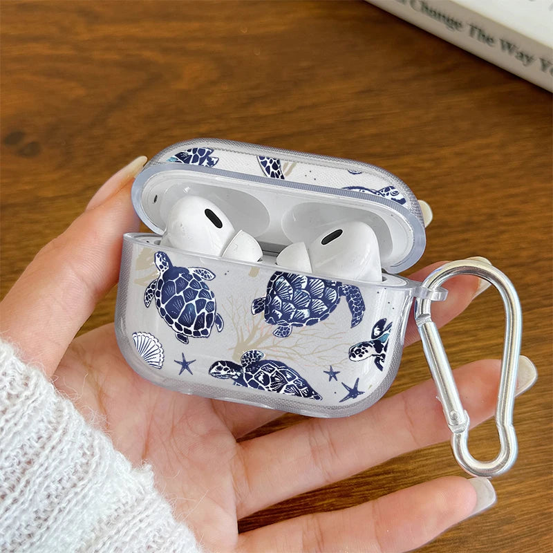 Marine Life Earphone Case for Airpods Pro2/Pro3/Pro Blue Sea Turtle Whale Shark Print Case for AirPods 4/3/2/1 Protective Cover